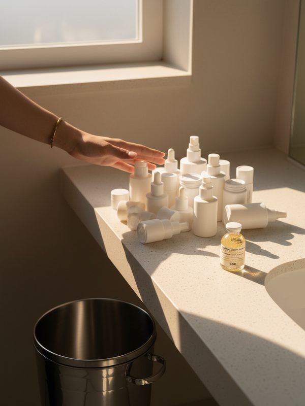 An arm sweeping a crowd of bottles into the bin, leaving one standing.