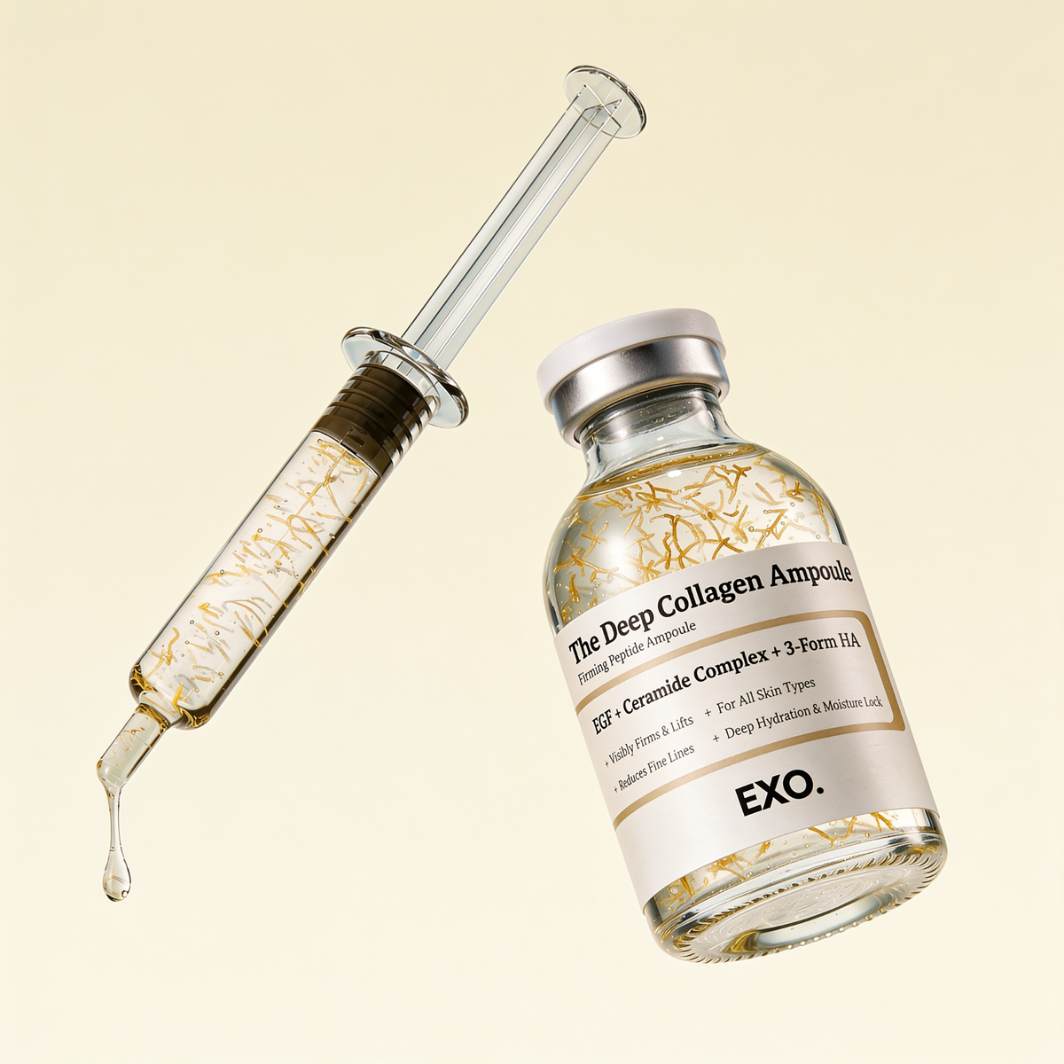 The Deep Collagen Ampoule, a glass vial of clear serum with suspended gold flakes and a silver cap, two month supply