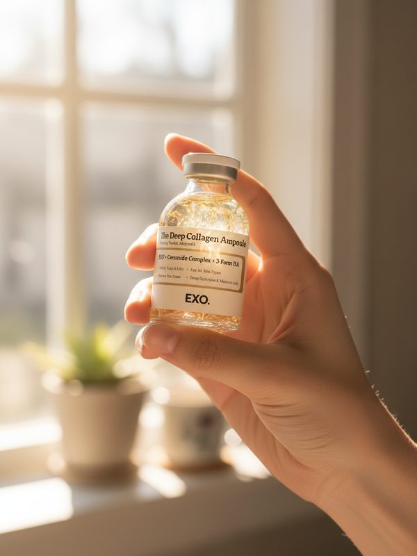 Holding the bottle up to a sunny kitchen window.
