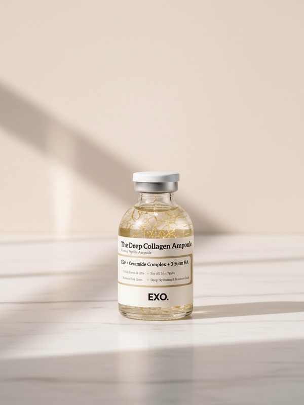 The bottle on white marble in morning light.