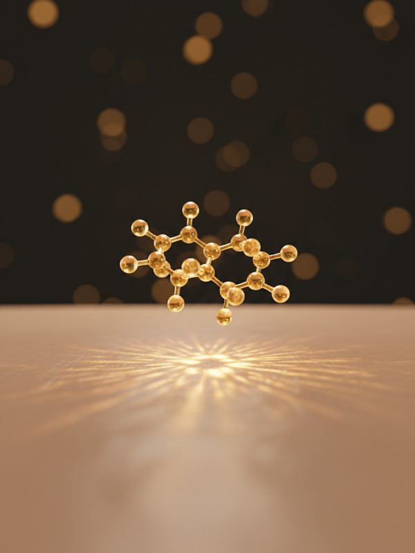 A golden molecule settling into the skin.