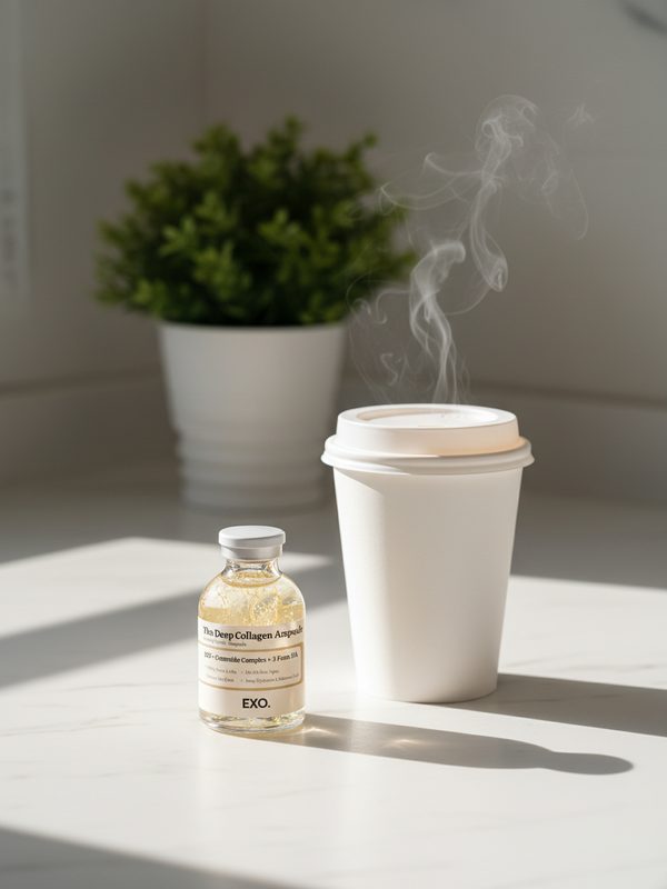 A takeaway coffee next to the bottle on a sunny counter.