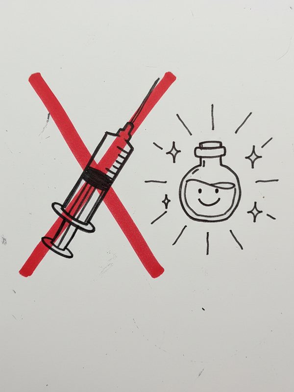 A whiteboard sketch: the needle crossed out, the bottle smiling.